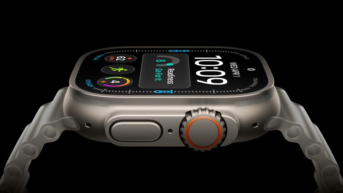 featured Apple Watch Ultra 4 titanium sports watch on a wrist showing the large bright display