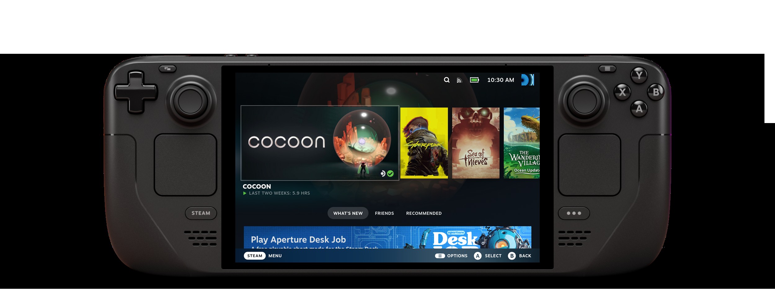 Steam Deck OLED handheld gaming console displaying a game library